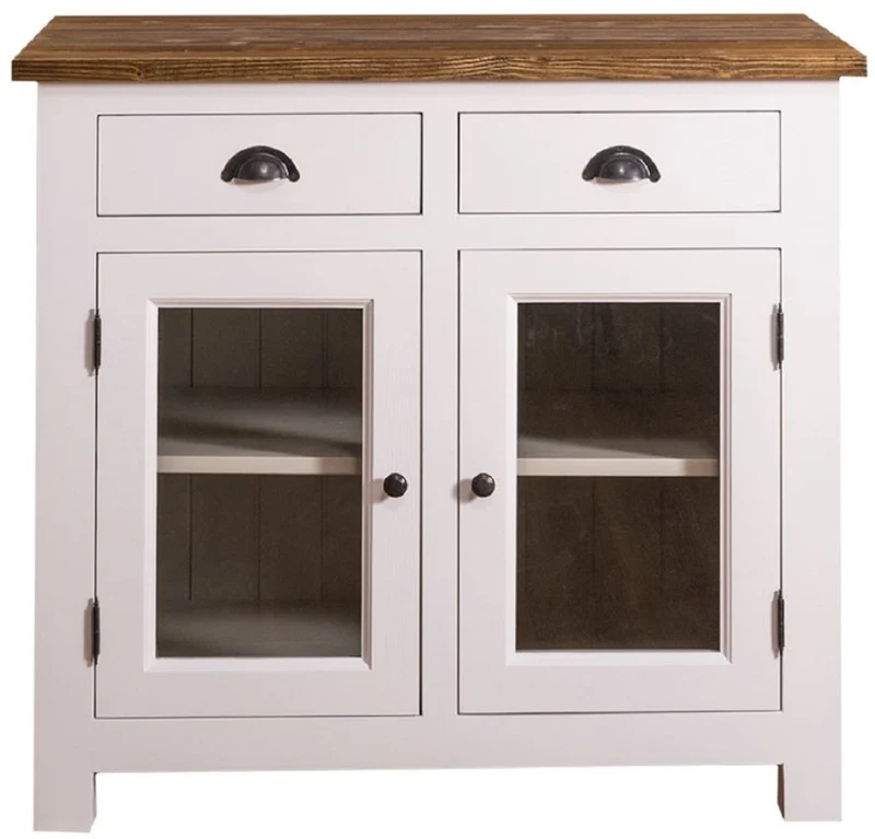 Casa Padrino Landhausstil Küchenschrank mit 2 Glastüren und 2 Schubladen Weiß / Grau / Braun 100 x 65 x H. 90 cm - Küchenmöbel im Landhausstil