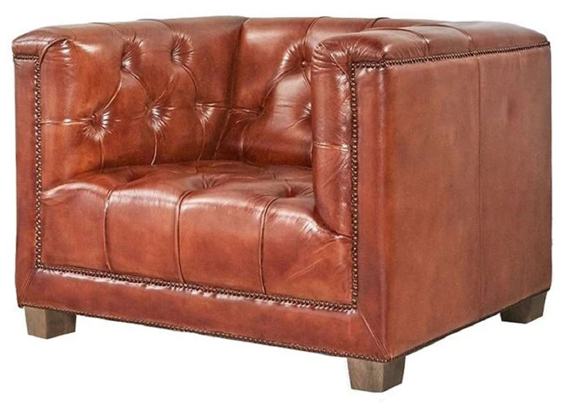 Casa Padrino Luxus Chesterfield Echtleder Sessel Braun 110 cm - Echtleder Möbel