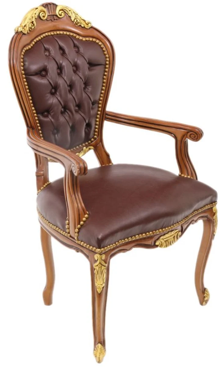 Casa Padrino Luxus Barock Mahagoni Stuhl mit Armlehnen - Luxus Schreibtisch Stuhl