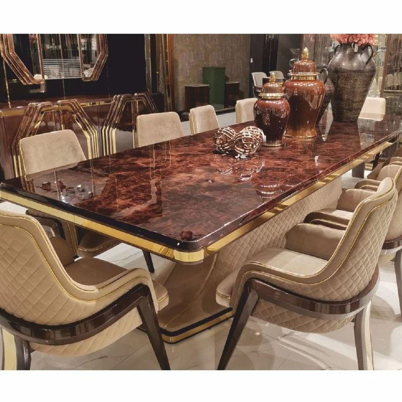 Casa Padrino Luxus Art Deco Esszimmer Stuhl mit Armlehnen Beige / Dunkelbraun / Gold
