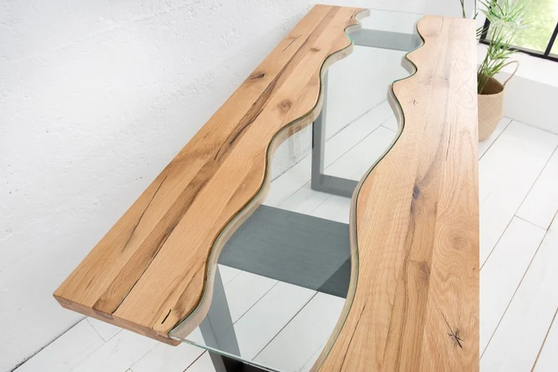 Casa Padrino Designer Massivholz Wildeiche Konsole mit Sicherheitsglas140 x 60 x H.75cm - Konsolen Tisch - Sekretär Konsole - Telefontisch - Hotel Möbel