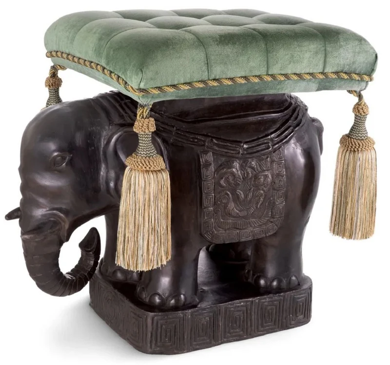 Casa Padrino Luxus Hocker Elefant Bronze / Türkis / Gold 58 x 40 x H. 55 cm - Gepolsterter Aluminium Sitzhocker mit Samtstoff - Luxus Möbel - Luxus Qualität