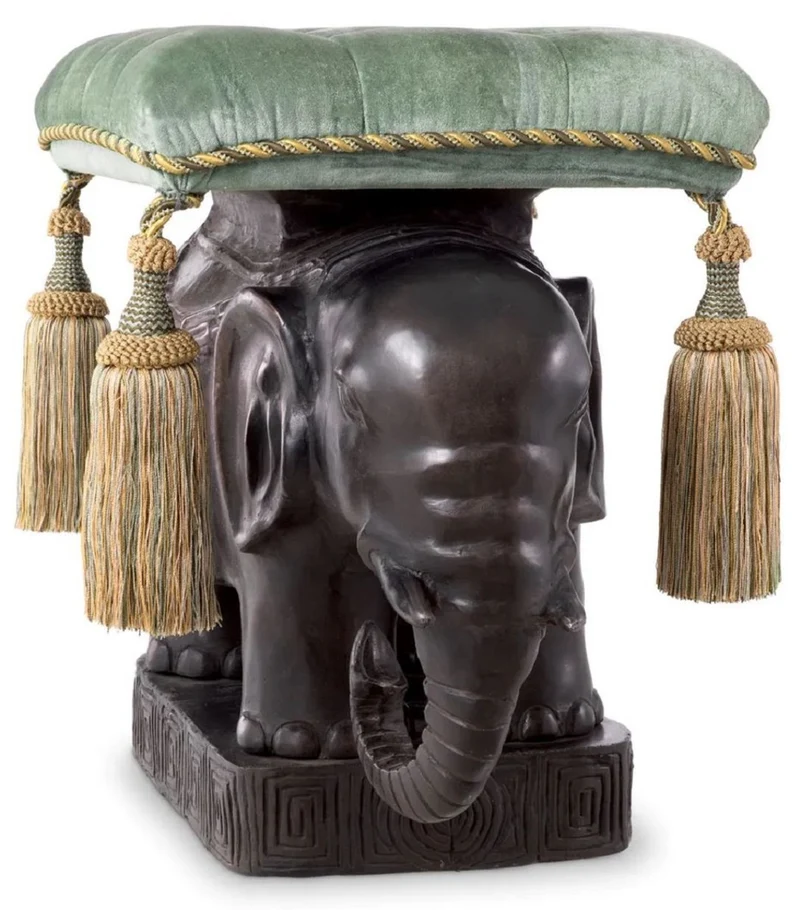 Casa Padrino Luxus Hocker Elefant Bronze / Türkis / Gold 58 x 40 x H. 55 cm - Gepolsterter Aluminium Sitzhocker mit Samtstoff - Luxus Möbel - Luxus Qualität