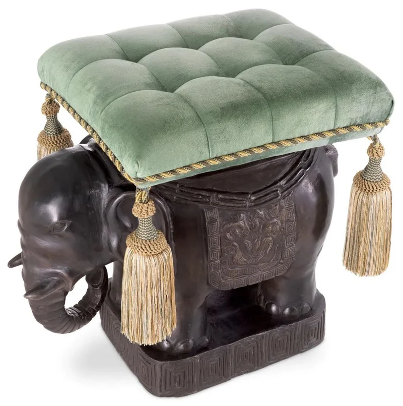 Casa Padrino Luxus Hocker Elefant Bronze / Türkis / Gold 58 x 40 x H. 55 cm - Gepolsterter Aluminium Sitzhocker mit Samtstoff - Luxus Möbel - Luxus Qualität