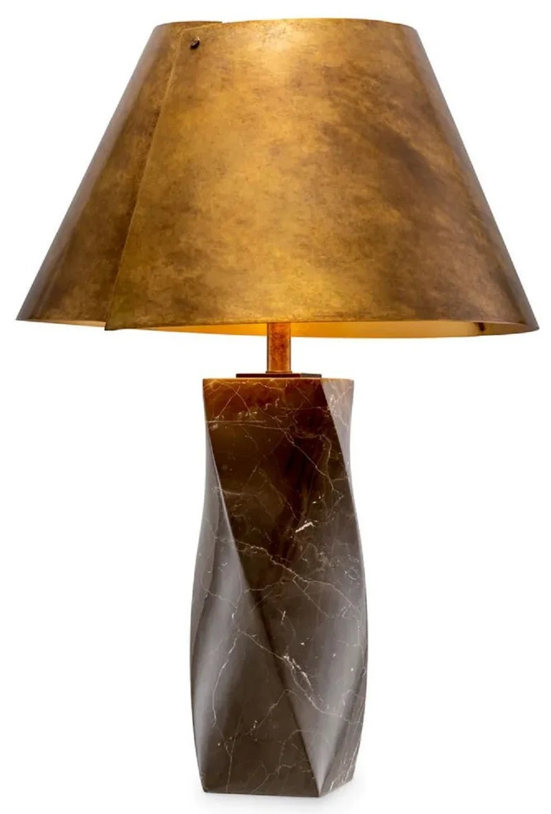 Casa Padrino Luxus Marmor Tischleuchte mit Metall Lampenschirm Braun / Vintage Messing Ø 53 x H. 78 cm