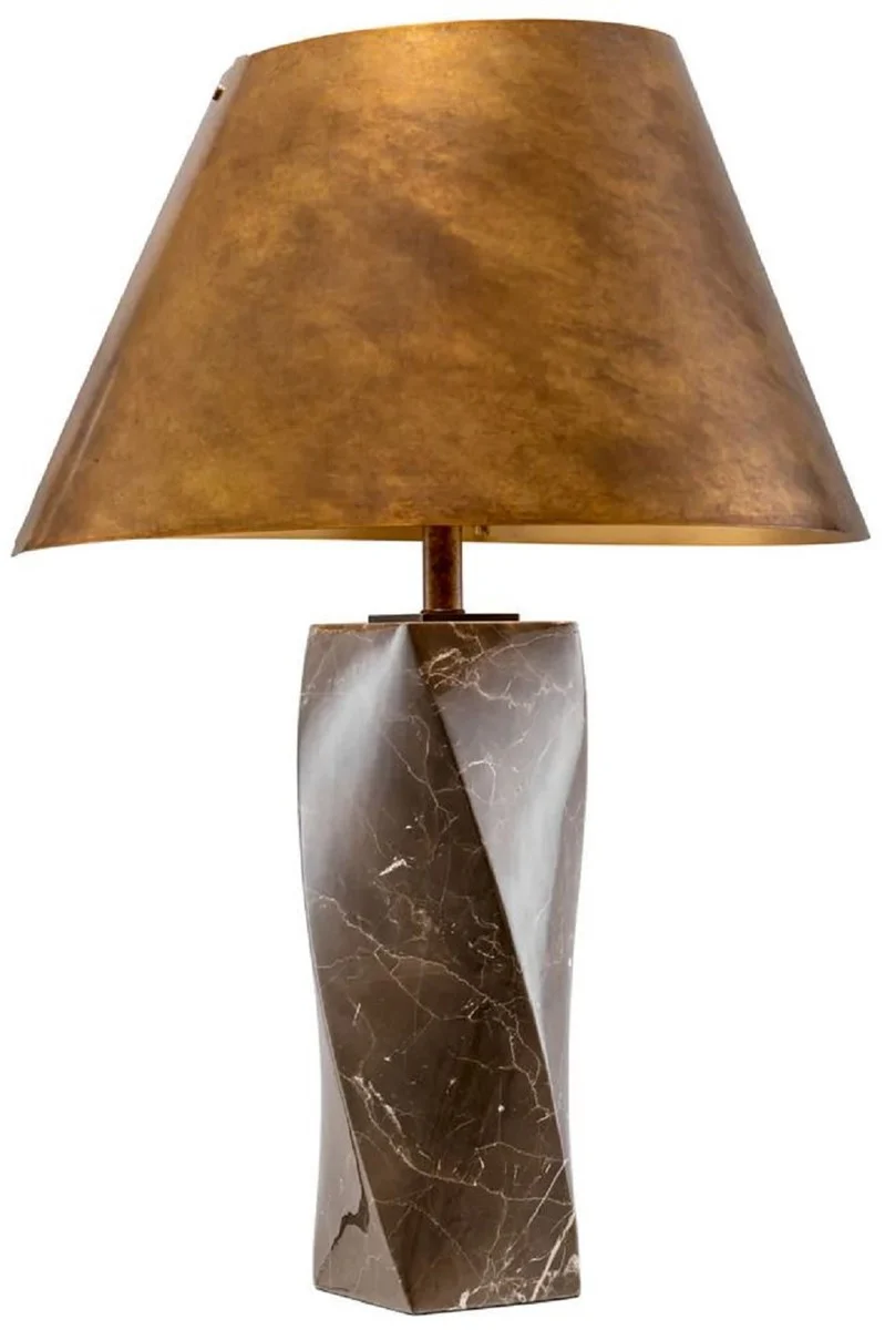 Casa Padrino Luxus Marmor Tischleuchte mit Metall Lampenschirm Braun / Vintage Messing Ø 53 x H. 78 cm