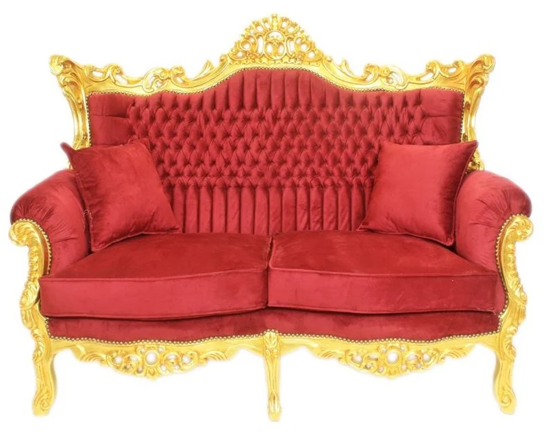 Casa Padrino Barock Wohnzimmer Set Bordeaux Samtstoff / Gold - 2er Sofa + 2 Sessel