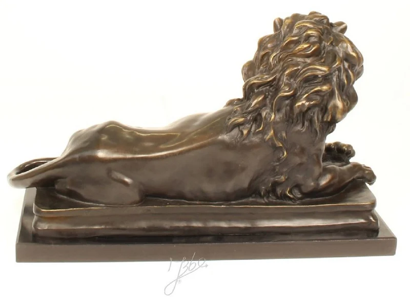 Casa Padrino Luxus Bronzefigur mit Marmorsockel Liegender Nach Links Schauender Löwe Bronze / Grau H. 38 cm - Luxus Qualität