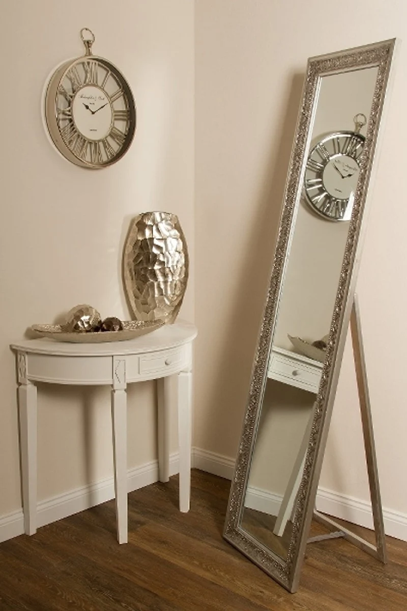 Casa Padrino Barock Standspiegel / Wandspiegel Silber 45 x H. 180 cm - Handgefertigter Spiegel mit Holzrahmen & wunderschönen Verzierungen