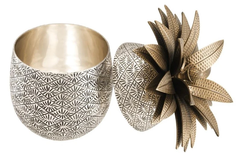 Casa Padrino Luxus Ananas Dose mit Deckel Antik Silber / Antik Messing Ø 16 x H. 28 cm - Designer Deko Accessoires