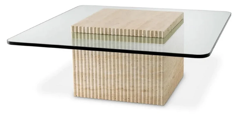 Casa Padrino Luxus Travertin Couchtisch Beige 90 x 90 x H. 35 cm - Quadratischer Naturstein Wohnzimmertisch mit Glasplatte - Wohnzimmer Möbel - Luxus Möbel - Luxus Einrichtung
