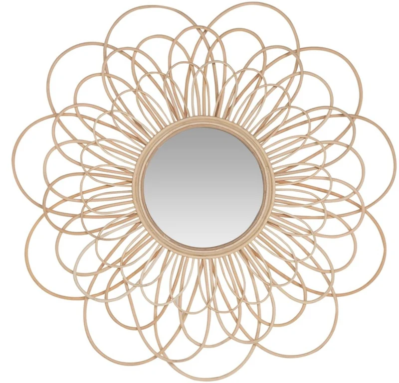 Casa Padrino Designer Rattan Spiegel Naturfarben Ø 85 cm - Wandspiegel im Blumen Design