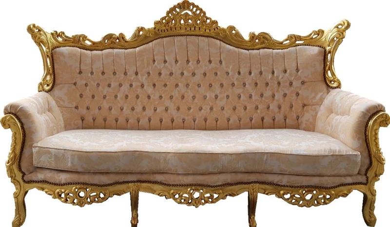 Casa Padrino Barock Wohnzimmer Set Master Creme Muster und Gold mit Glitzersteinen, 3er Sofa und 2 Sessel
