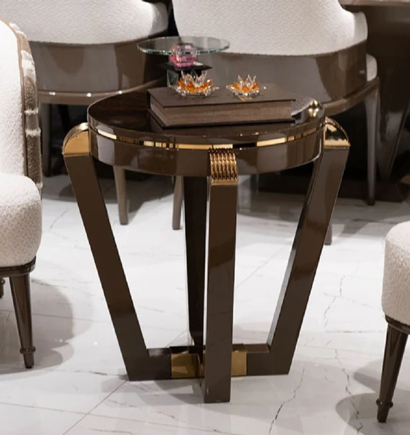 Casa Padrino Luxus Beistelltisch Braun / Gold - Runder Massivholz Beistelltisch - Wohnzimmer Möbel - Hotel Möbel - Luxus Möbel