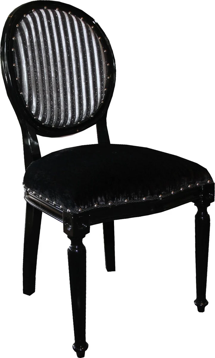 Casa Padrino Barock Medaillon Luxus Esszimmer Stuhl ohne Armlehnen in Schwarz / Silber - Limited Edition