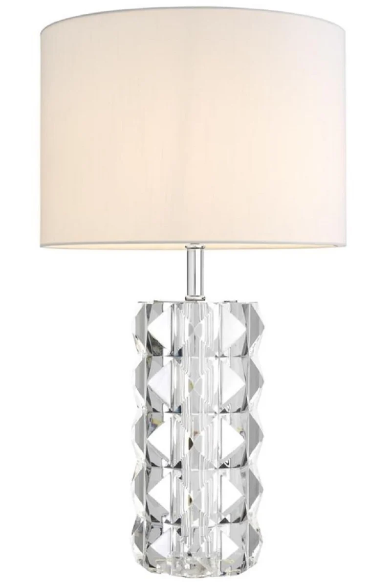 Casa Padrino Luxus Kristallglas Tischleuchte Silber / Weiß Ø 43 x H. 75 cm - Hotel & Restaurant Tischlampe mit Lampenschirm