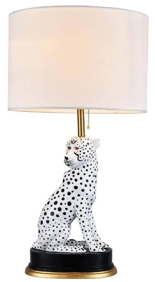 Casa Padrino Luxus Keramik Tischleuchte Puma Katze Weiß / Schwarz / Gold Ø 38 x H. 72 cm - Keramik Schreibtischleuchte mit rundem Lampenschirm - Luxus Keramik Leuchten