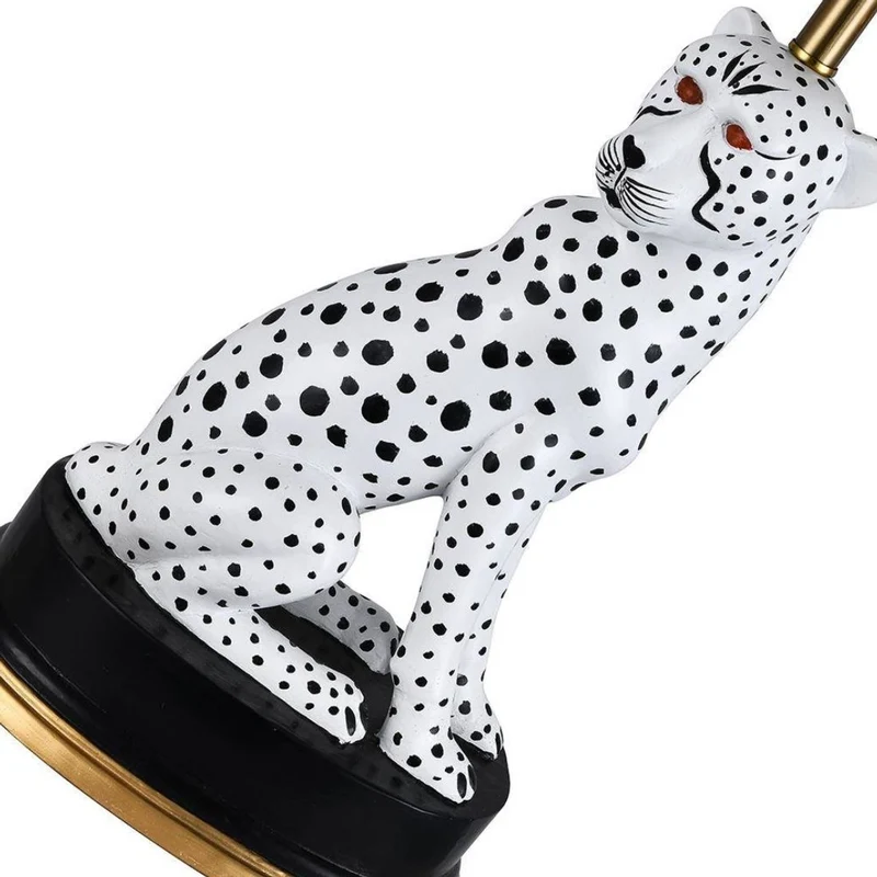 Casa Padrino Luxus Keramik Tischleuchte Puma Katze Weiß / Schwarz / Gold Ø 38 x H. 72 cm - Keramik Schreibtischleuchte mit rundem Lampenschirm - Luxus Keramik Leuchten