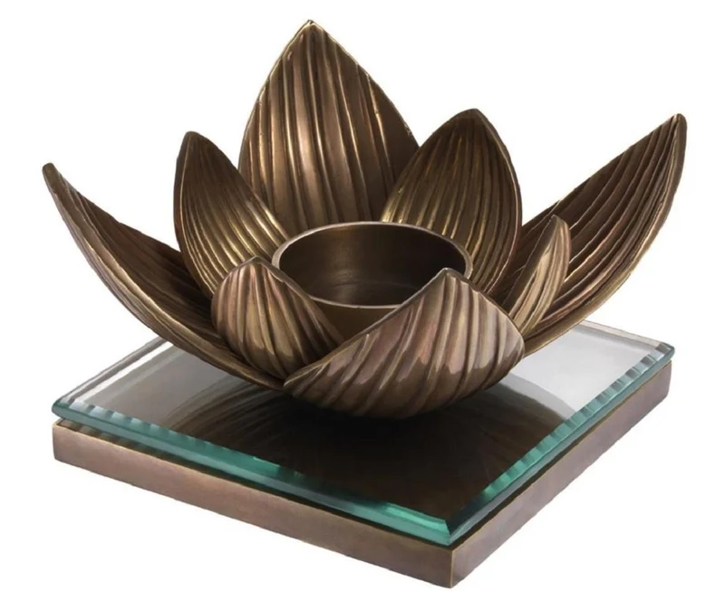 Casa Padrino Luxus Teelichthalter Lotusblume Vintage Messingfarben 16 x 16 x H. 10,5 cm - Deko Accessoires