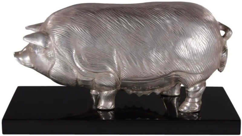Casa Padrino Luxus Bronzefigur Schwein auf Holzsockel Silber / Schwarz 35 x 17 x H. 19 cm - Versilberte Deko Figur