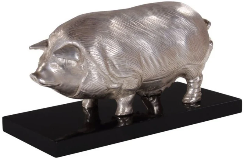 Casa Padrino Luxus Bronzefigur Schwein auf Holzsockel Silber / Schwarz 35 x 17 x H. 19 cm - Versilberte Deko Figur