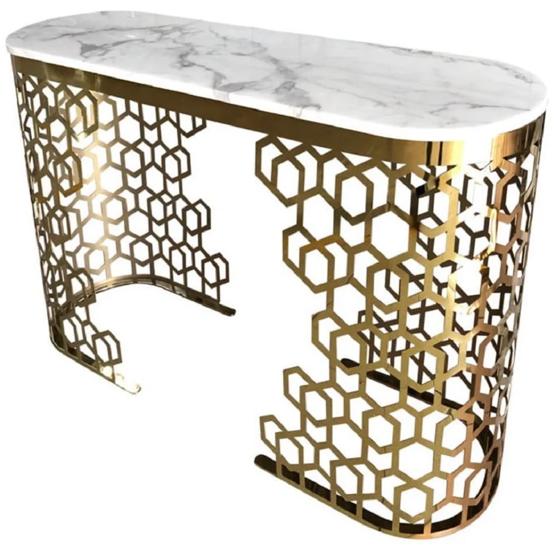 Casa Padrino Luxus Konsole Weiß / Gold 140 x 40 x H. 80 cm - Konsolentisch mit Kunstmarmor Tischplatte - Wohnzimmer Möbel - Luxus Möbel - Luxus Einrichtung