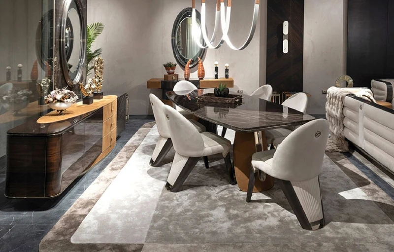 Casa Padrino Luxus Esszimmer Set Dunkelbraun / Creme / Grau / Hellbraun / Gold - 1 Luxus Esstisch & 6 Luxus Esszimmerstühle - Esszimmer Möbel - Luxus Möbel - Luxus Einrichtung