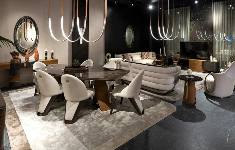 Casa Padrino Luxus Esszimmer Set Dunkelbraun / Creme / Grau / Hellbraun / Gold - 1 Luxus Esstisch & 6 Luxus Esszimmerstühle - Esszimmer Möbel - Luxus Möbel - Luxus Einrichtung