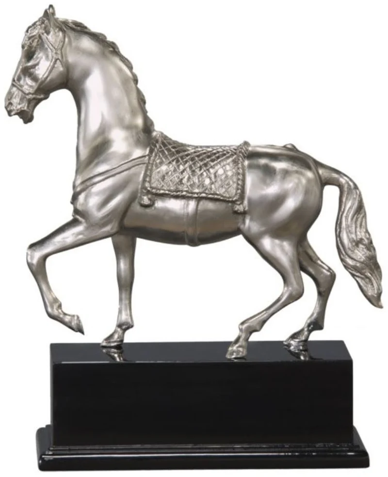 Casa Padrino Luxus Bronzefigur Pferd mit Holzsockel Silber / Antik Schwarz 31,5 x 12,5 x H. 37,3 cm - Versilberte Deko Figur