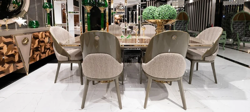 Casa Padrino Luxus Esszimmer Set Grau / Braun / Gold - 1 Luxus Esstisch & 6 Luxus Esszimmerstühle - Luxus Esszimmer Möbel
