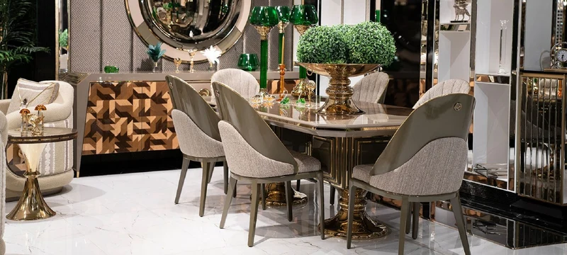 Casa Padrino Luxus Esszimmer Set Grau / Braun / Gold - 1 Luxus Esstisch & 6 Luxus Esszimmerstühle - Luxus Esszimmer Möbel