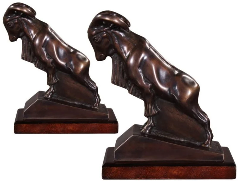 Casa Padrino Luxus Buchstützen Set Widder Bronze / Dunkelbraun 17 x 8 x H. 20 cm - Deko Bronzefiguren mit Mahagoni Holzsockel