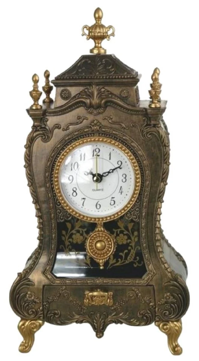 Casa Padrino Barock Tischuhr Bronze / Antik Gold 17 x 9 x H. 32 cm - Barockstil Schreibtischuhr mit Melodie - Barock Schreibtisch Deko - Barock Deko Accessoires - Barockstil Uhren