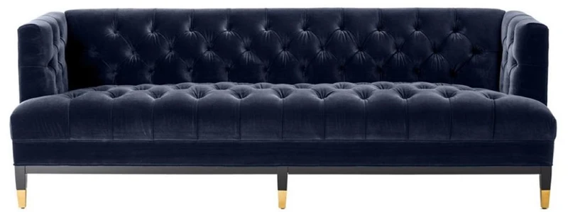 Casa Padrino Luxus Wohnzimmer Sofa Mitternachtsblau / Schwarz / Messingfarben 230 x 85 x H. 79 cm - Chesterfield Samtsofa