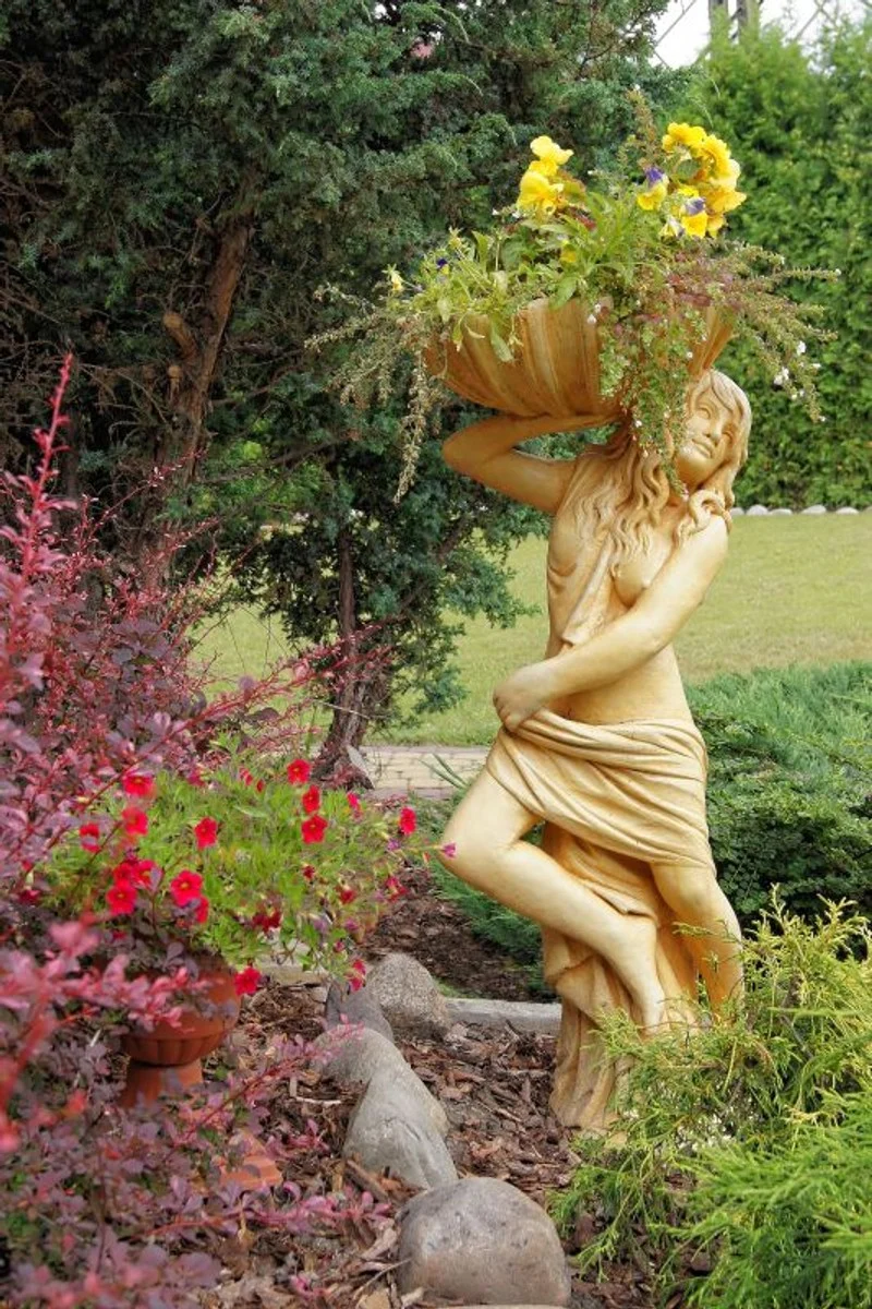 Casa Padrino Jugendstil Gartendeko Statue / Figur Mädchen mit Blumentopf 46 x 32 x H. 116 cm - Dekorative Garten Skulptur