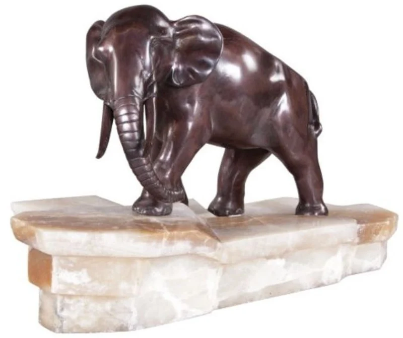 Casa Padrino Luxus Bronzefigur Elefant auf Marmorsockel Bronze / Weiß 44 x 19 x H. 30 cm - Luxus Qualität