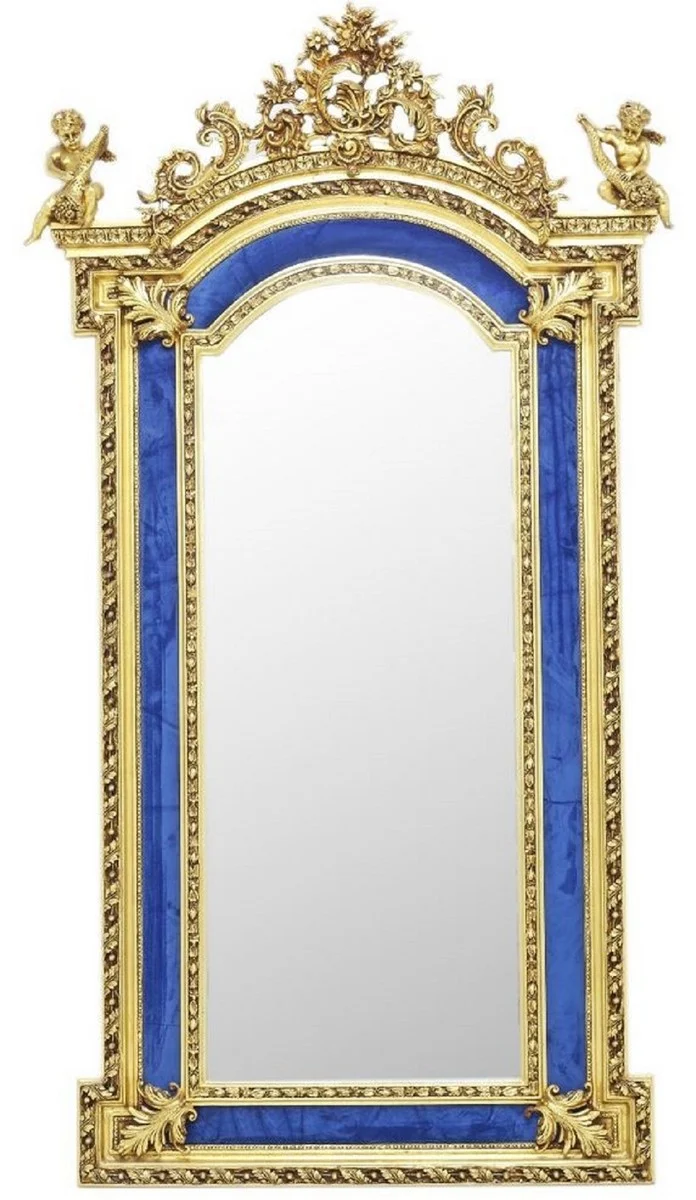 Casa Padrino Barock Spiegel Gold / Blau - Barockstil Spiegel mit eleganten Verzierungen - Rechteckiger Barockstil Wandspiegel - Barock Garderoben Spiegel - Barock Möbel - Möbel Barockstil