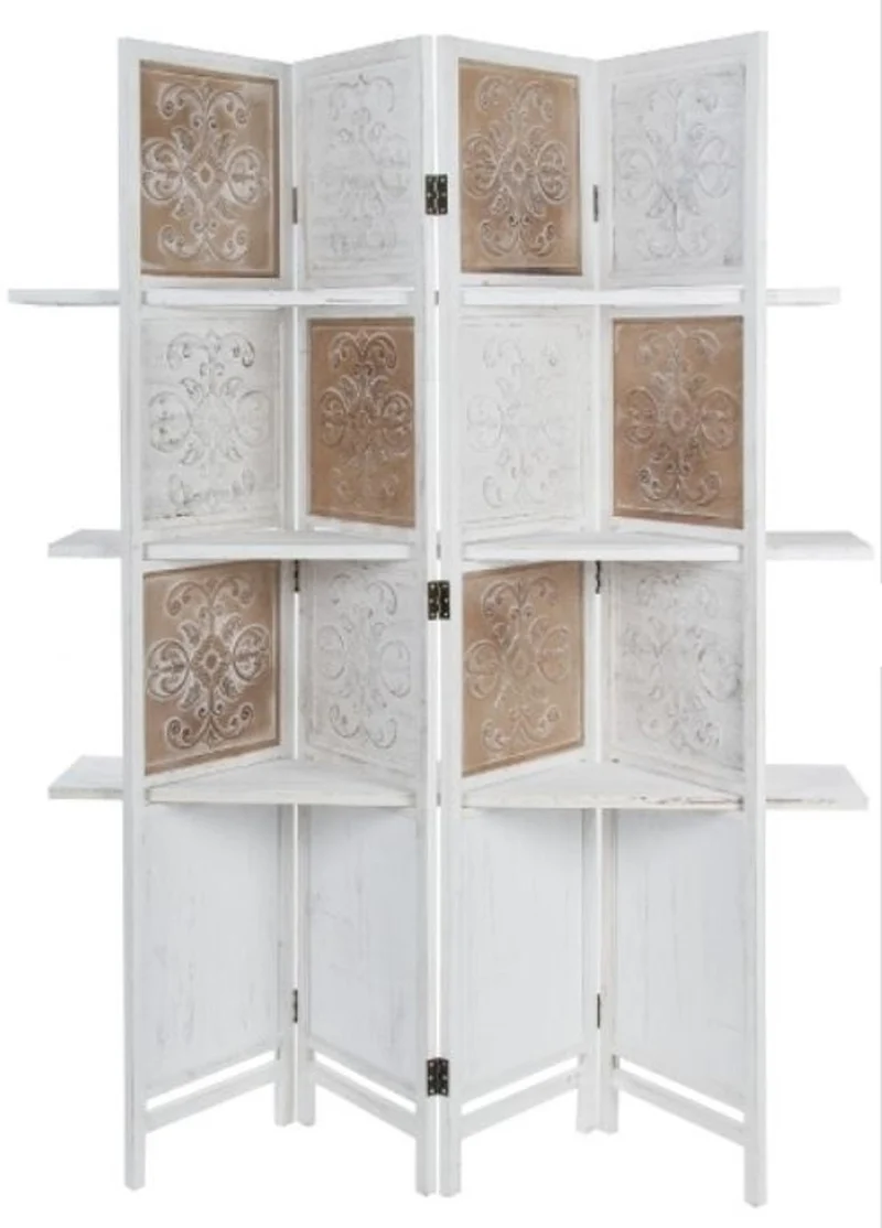 Casa Padrino Landhausstil Raumteiler mit 3 Regalen Antik Weiß / Antik Braun 155 x 2 x H. 181 cm - Shabby Chic Paravent Sichtschutz Trennwand