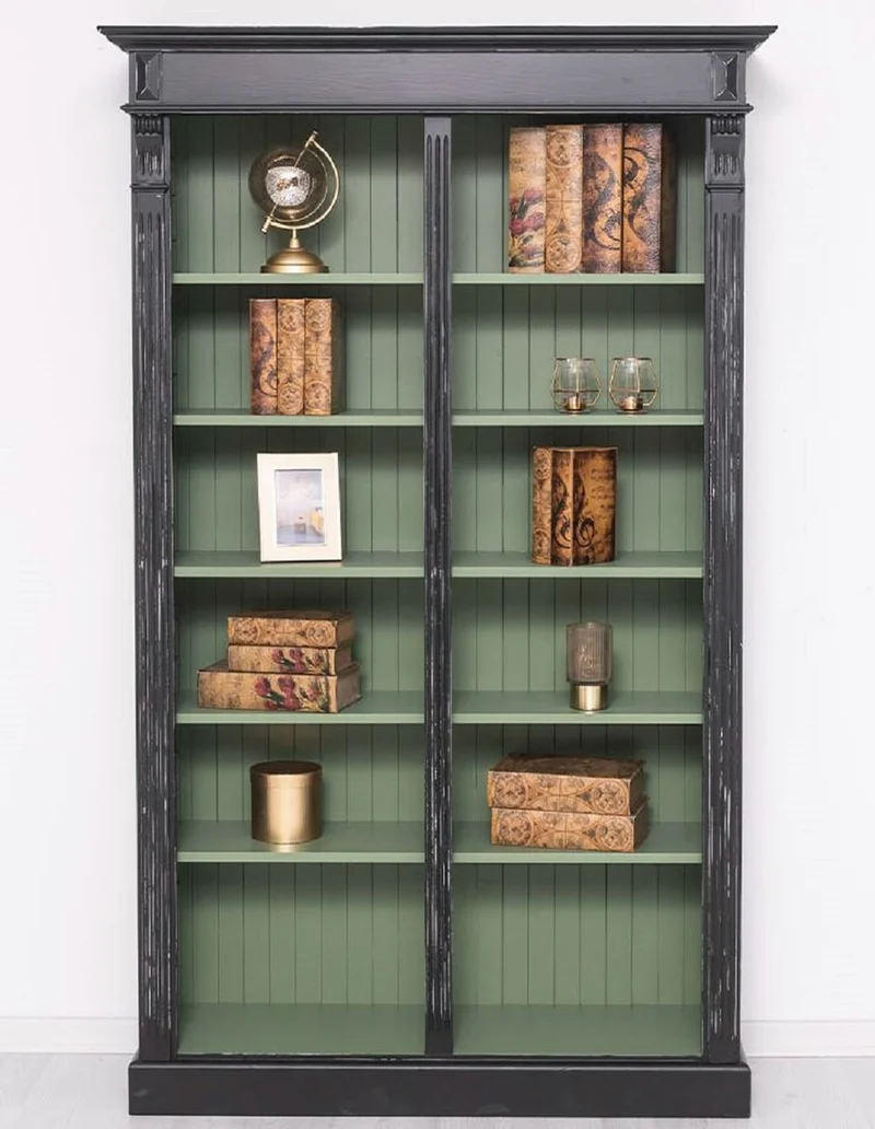Casa Padrino Landhausstil Bücherschrank Antik Schwarz / Grün 120 x 39 x H. 197 cm - Massivholz Schrank - Regalschrank - Wohnzimmerschrank - Büroschrank - Landhausstil Möbel