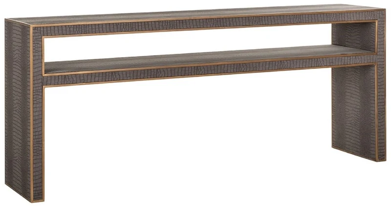 Casa Padrino Luxus Konsole Grau / Messing 180 x 40 x H. 75 cm - Rechteckiger Metall Konsolentisch mit Kunstleder - Wohnzimmer Möbel - Hotel Möbel - Luxus Möbel - Luxus Einrichtung