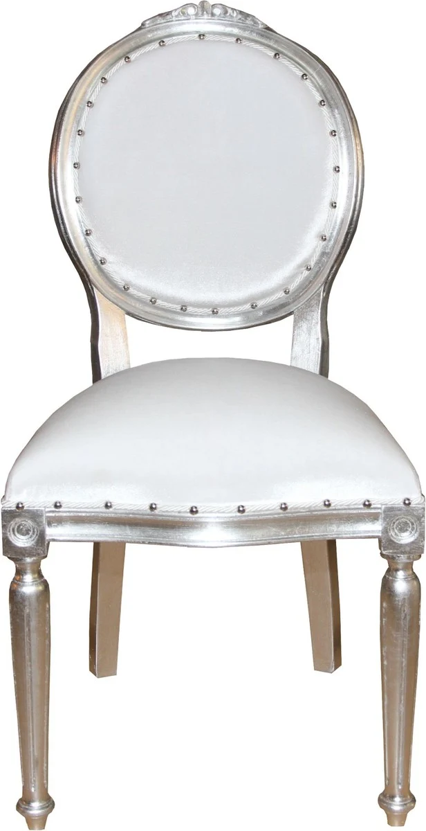 Casa Padrino Barock Medaillon Luxus Esszimmer Stuhl ohne Armlehnen in Weiss / Silber - Limited Edition