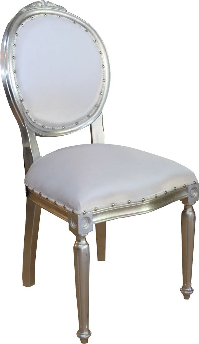 Casa Padrino Barock Medaillon Luxus Esszimmer Stuhl ohne Armlehnen in Weiss / Silber - Limited Edition