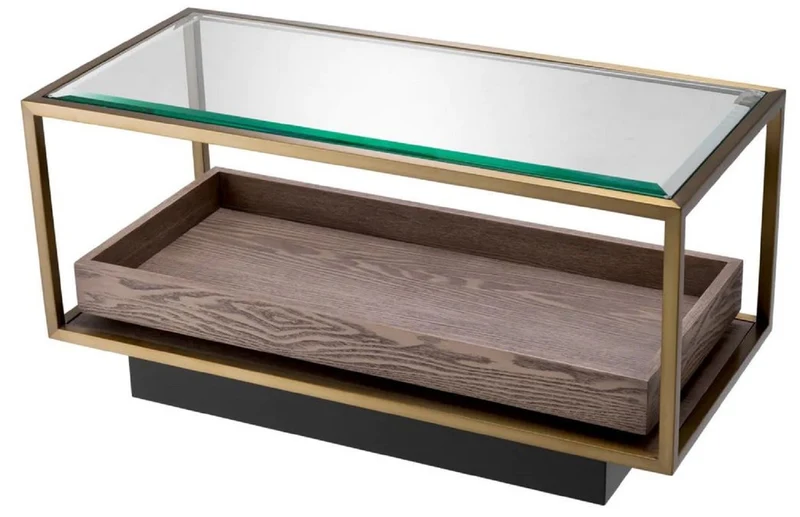 Casa Padrino Luxus Beistelltisch Messing / Grau / Schwarz 90 x 42 x H. 44 cm - Rechteckiger Wohnzimmer Tisch mit Glasplatte - Hotel Tisch - Wohnzimmer Möbel - Hotel Möbel - Luxus Möbel