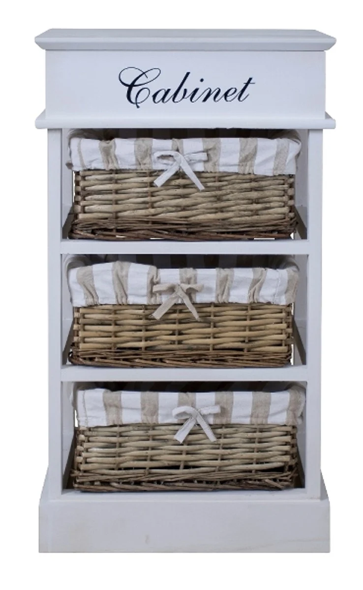 Casa Padrino Landhausstil Kommode mit 3 Rattankörben, Weiß / Naturfarben, 38 x 28 x H. 70 cm