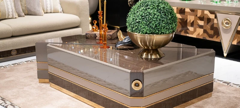 Casa Padrino Luxus Couchtisch 2er Set Braun / Grau / Gold - Luxus Massivholz Wohnzimmertische - Wohnzimmer Möbel - Luxus Möbel