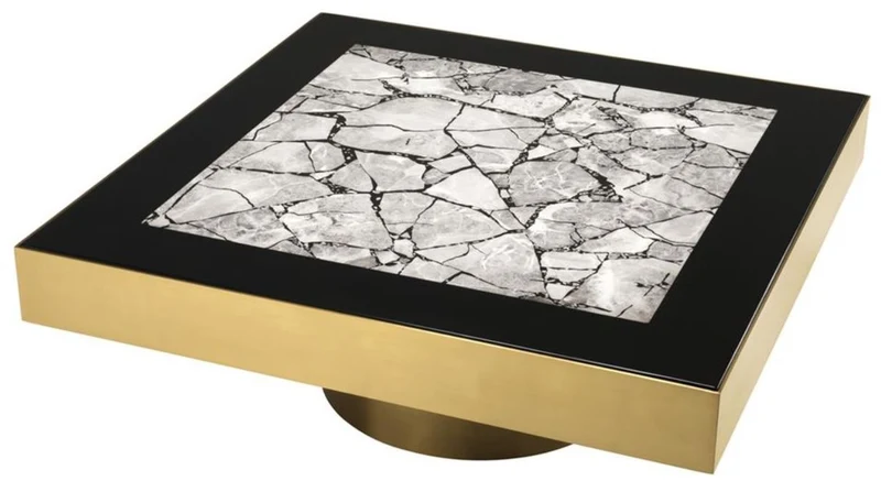 Casa Padrino Luxus Edelstahl Couchtisch mit Kunstmarmorplatte Messingfarben / Hochglanzschwarz / Grau 100 x 100 x H. 38 cm - Designer Wohnzimmermöbel