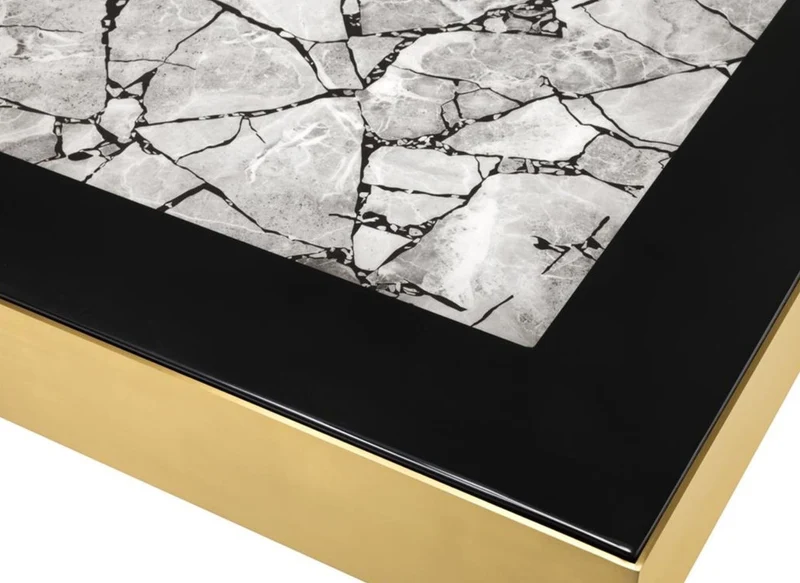 Casa Padrino Luxus Edelstahl Couchtisch mit Kunstmarmorplatte Messingfarben / Hochglanzschwarz / Grau 100 x 100 x H. 38 cm - Designer Wohnzimmermöbel