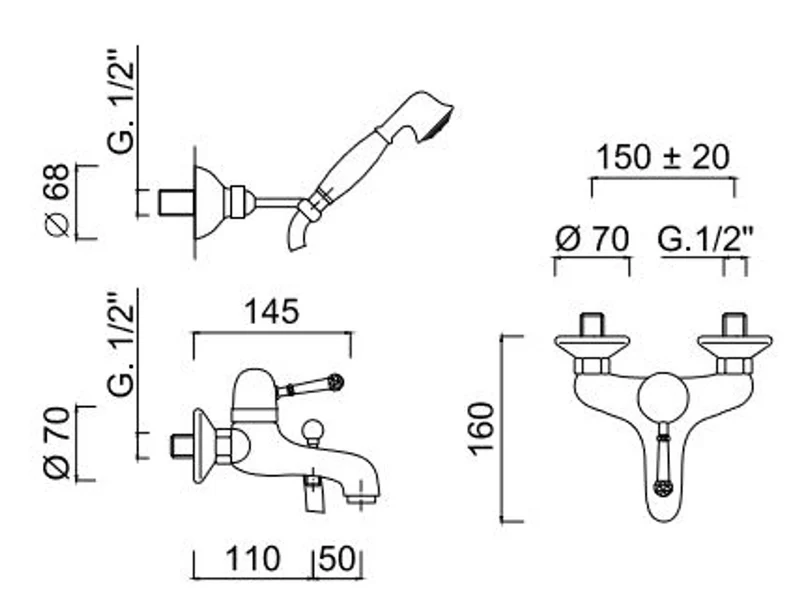 Luxus Dusch Aufputz-Einhebelmischer mit Duplex Brauseset Silber - Luxus Qualität Made in Italy
