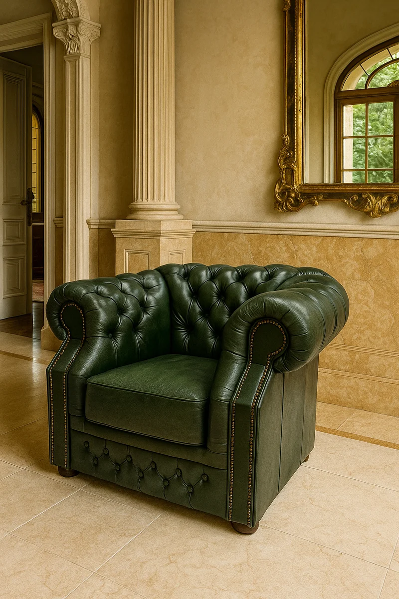 Casa Padrino Luxus Chesterfield Leder Sessel Grün / Dunkelbraun 110 x H. 85 cm - Chesterfield Echtleder Wohnzimmer Sessel - Chesterfield Möbel - Echtleder Möbel - Luxus Möbel