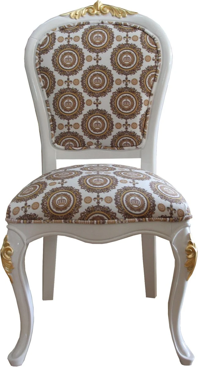 Pompöös by Casa Padrino Luxus Barock Esszimmer Stuhl in Beige Weiss / Gold mit Krone - Pompööser Barock Stuhl designed by Harald Glööckler